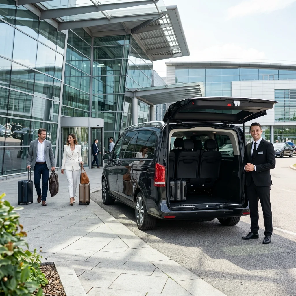 Mercedes S-Class black luxury sedan and chauffeur outside Charles de Gaulle modern terminal building
