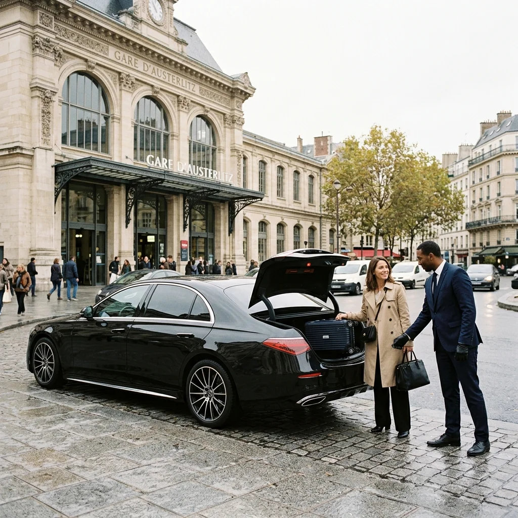 Mercedes luxury sedan and professional chauffeur outside Paris Gare d’Austerlitz terminal entrance