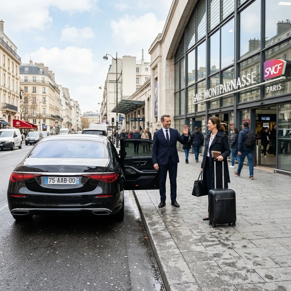 Mercedes luxury vehicle and chauffeur welcoming business traveler at Gare Montparnasse Paris