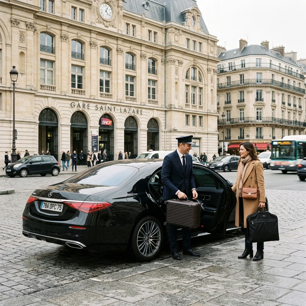 Luxury sedan and private chauffeur assisting a passenger with suitcases outside Gare Saint-Lazare